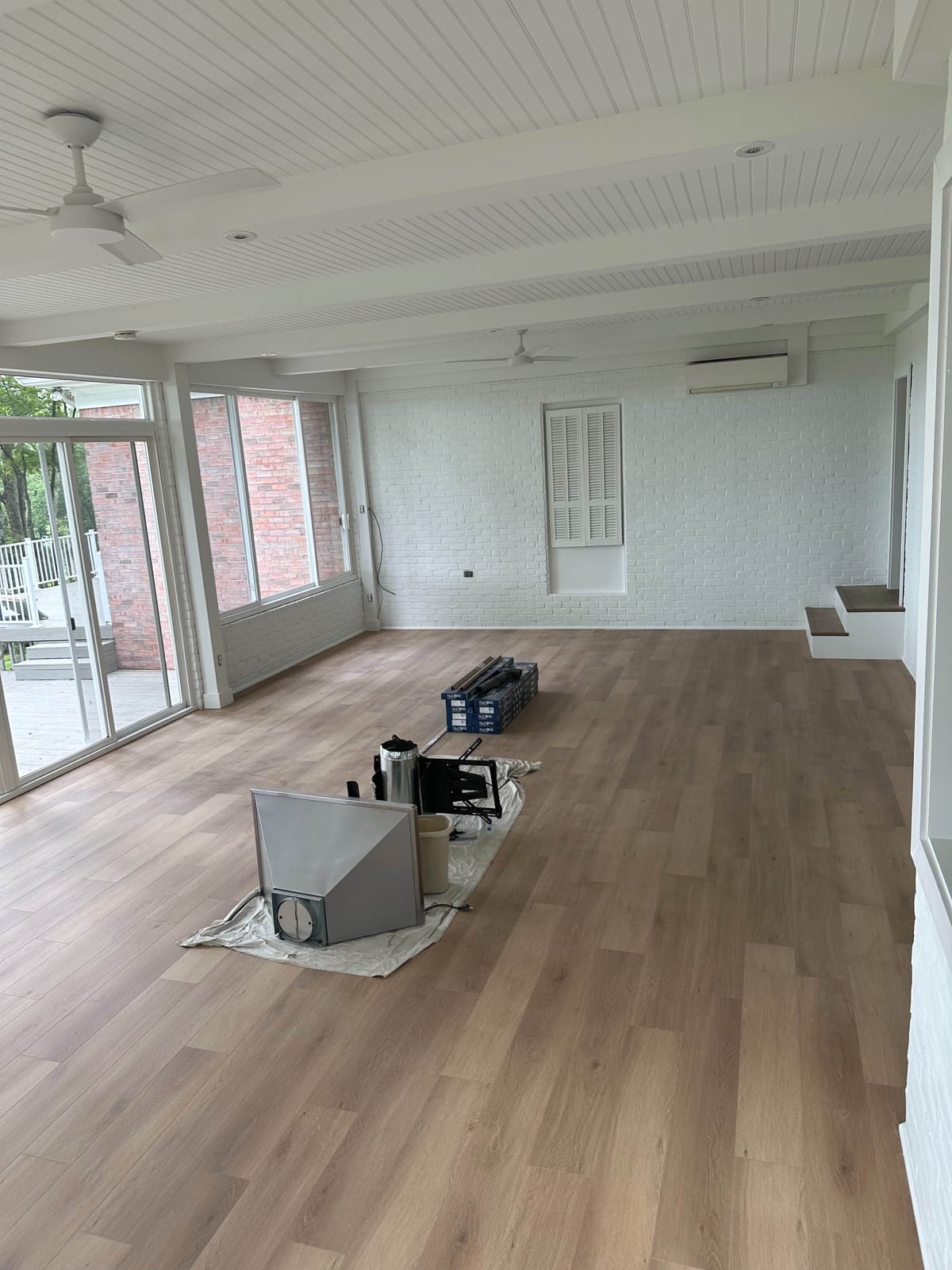 Hardwood floor installation in progress